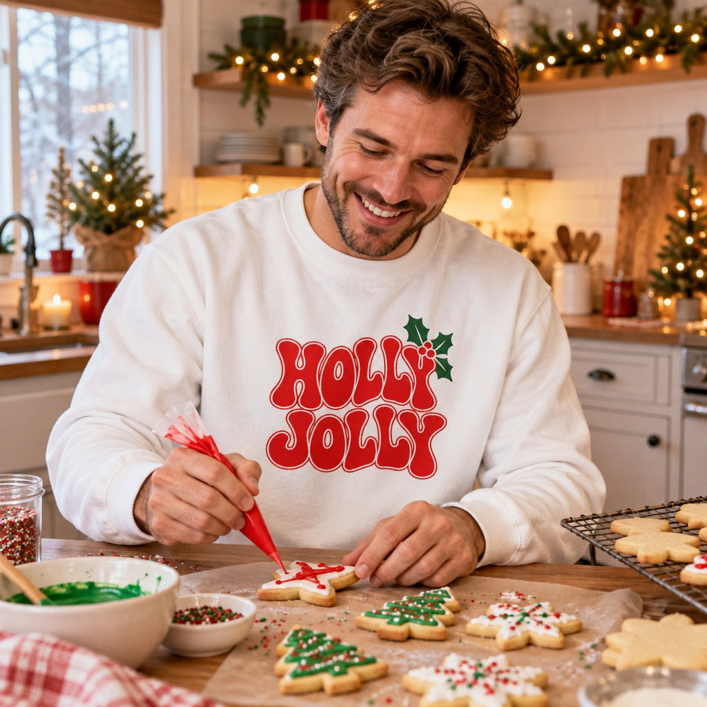 Holly Jolly Sweatshirt worn in a casual Christmas photo