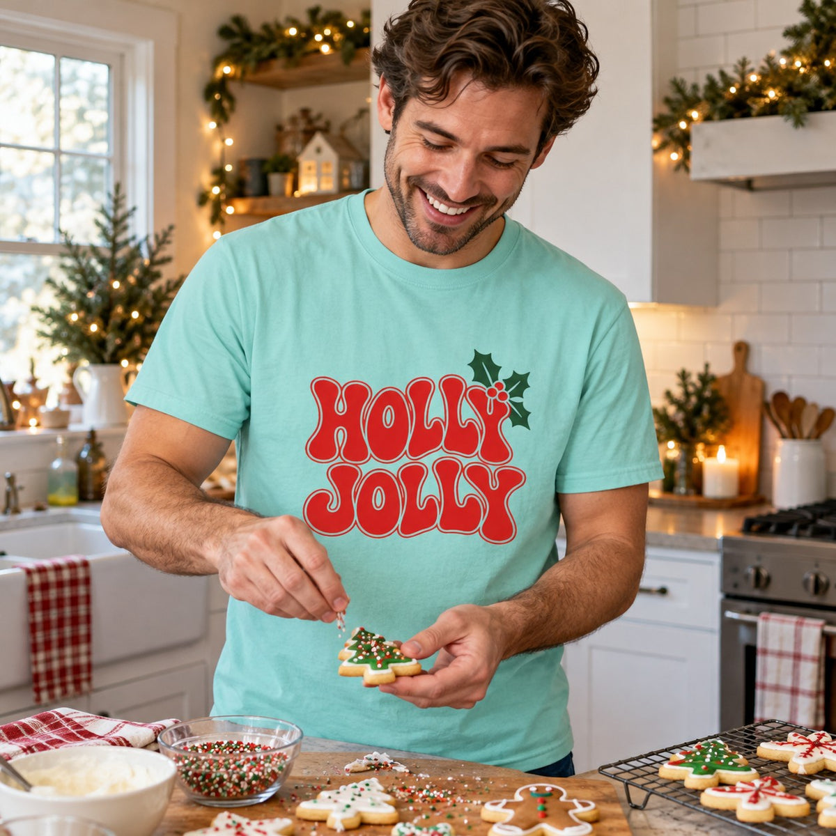 Holly Jolly T-Shirt worn in a casual Christmas photo