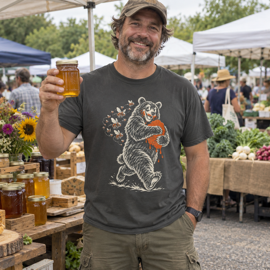 Man holding a jar of honey wearing the Honey Heist T-Shirt