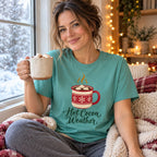Hot Cocoa Weather T-Shirt worn in a casual Christmas photo