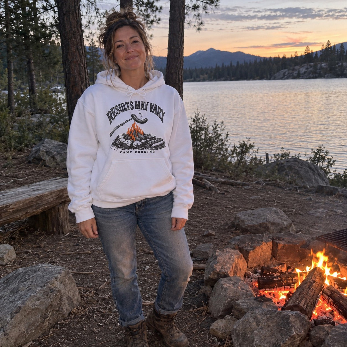 Wearing the Results May Vary Hoodie outdoors