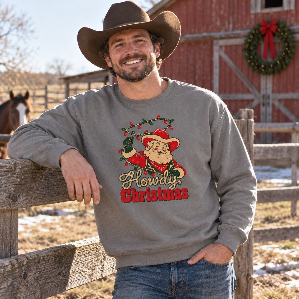 Howdy, Christmas Sweatshirt worn in a casual Christmas photo