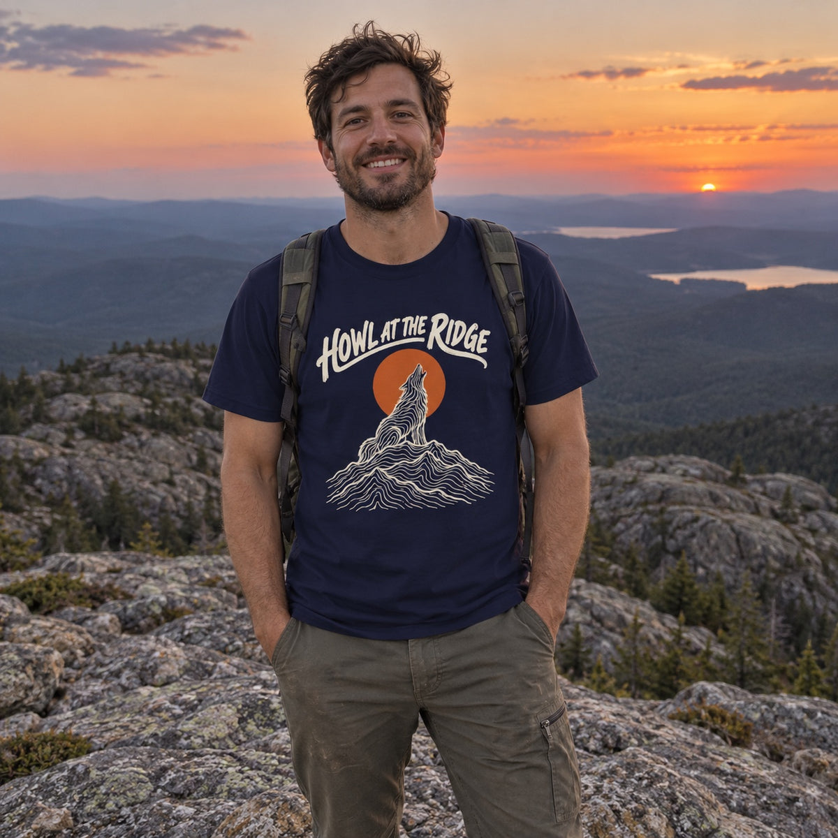 Man wearing the Howl at the Ridge T-shirt outdoors