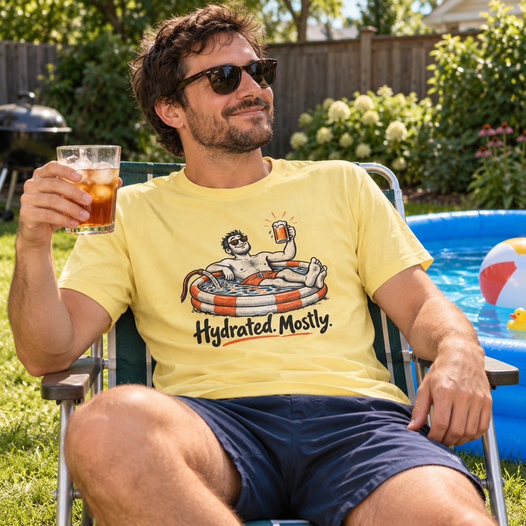 Man wearing the Hydrated. Mostly. T-Shirt by a kiddie pool