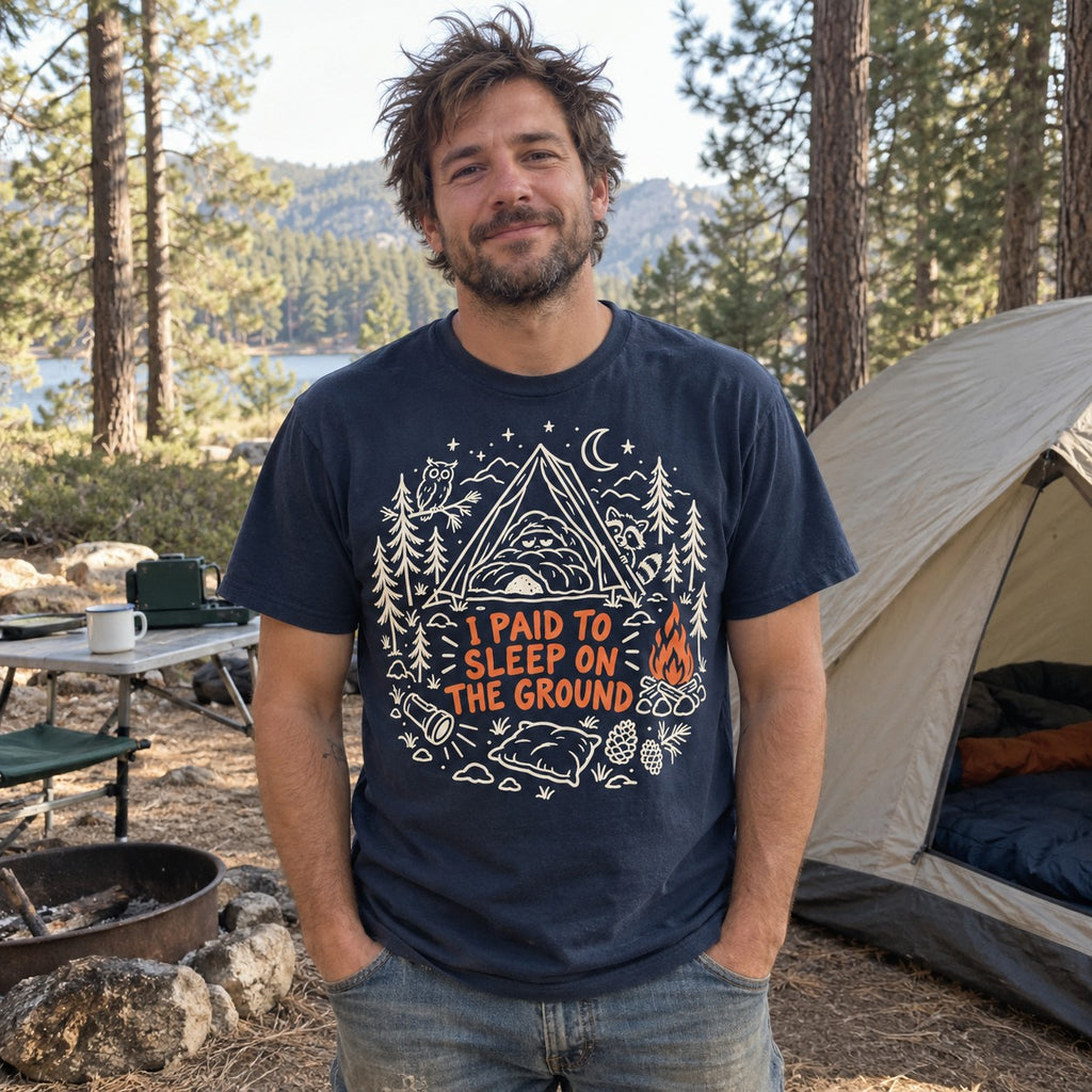 Man wearing the I Paid to Sleep on the Ground T-shirt at a campsite