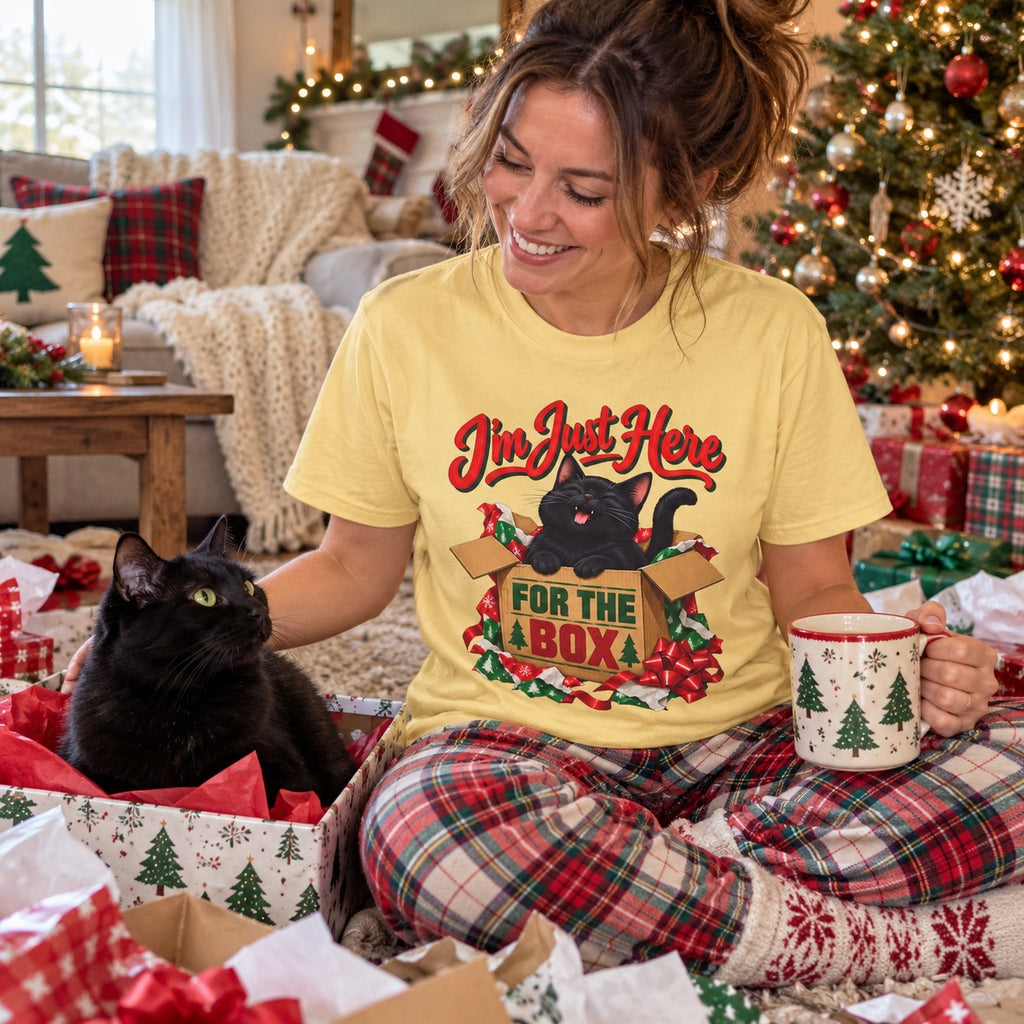 I'm Just Here for the Box T-Shirt worn in a casual Christmas photo