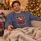 Jingle All the Way to the Couch Ugly Christmas Sweatshirt worn on the couch by the Christmas tree