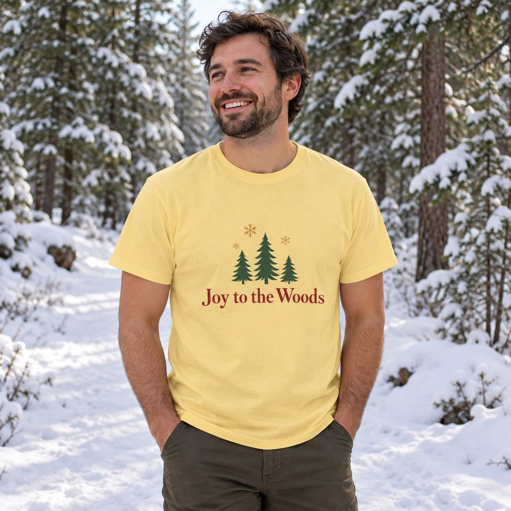 Joy to the Woods T-Shirt worn in a casual Christmas photo