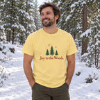 Joy to the Woods T-Shirt worn in a casual Christmas photo