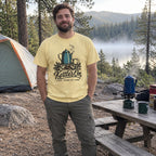 Man wearing the Kettle's On T-shirt at a campsite