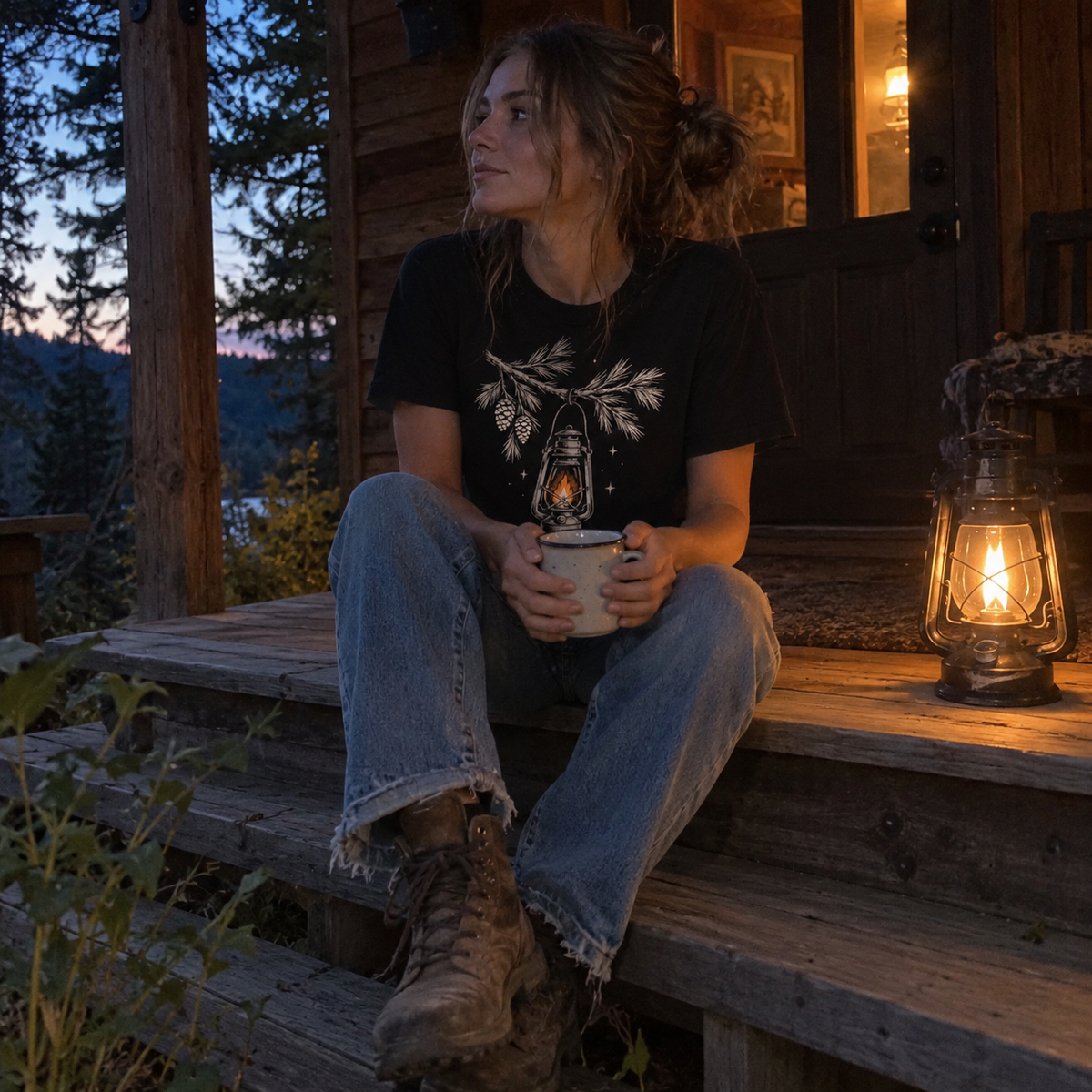 Lantern Light T-Shirt worn outdoors
