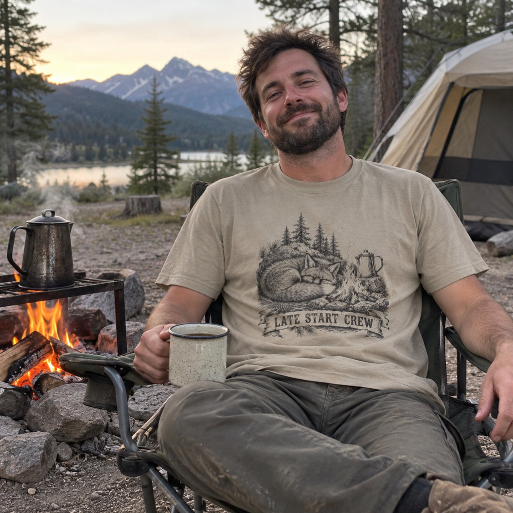 Late Start Crew T-Shirt worn at a morning campsite