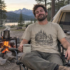 Late Start Crew T-Shirt worn at a morning campsite