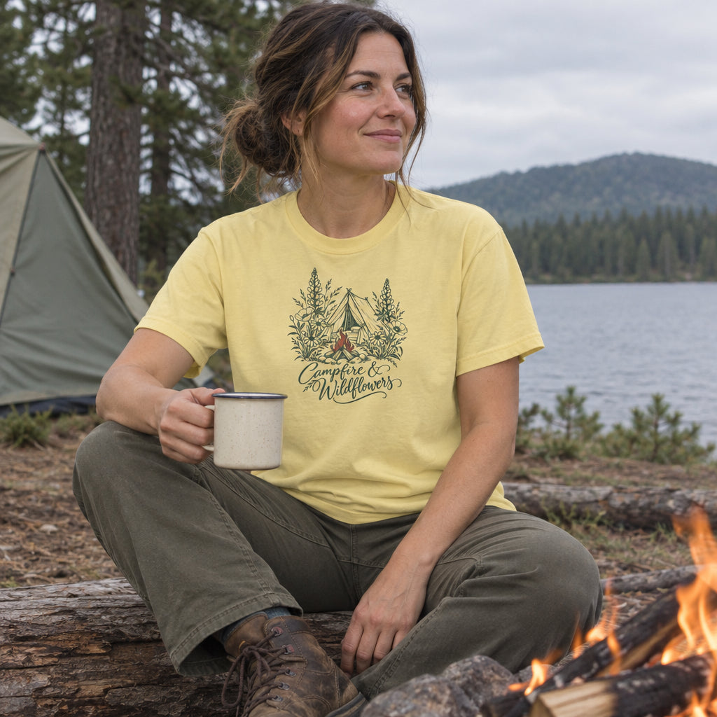 Woman wearing the Campfire & Wildflowers T-Shirt by a campfire with a mug