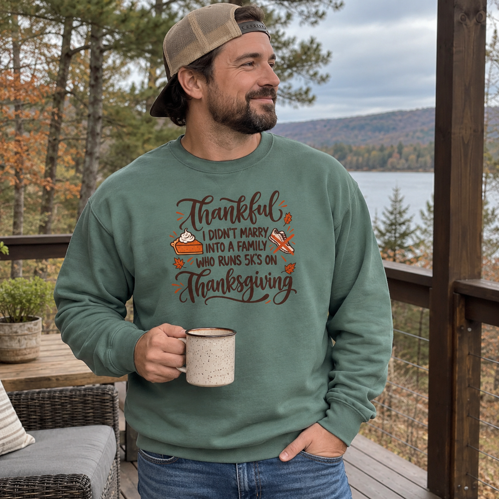 Man wearing the Not a 5K Family Pie Script Sweatshirt on a back deck