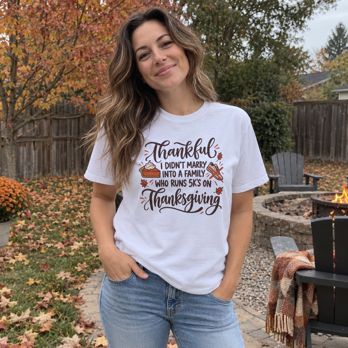 Woman wearing the Not a 5K Family Pie Script T-Shirt in a fall backyard