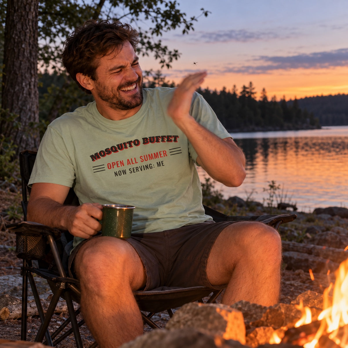 Man wearing the Mosquito Buffet t-shirt by a lakeside campfire at dusk