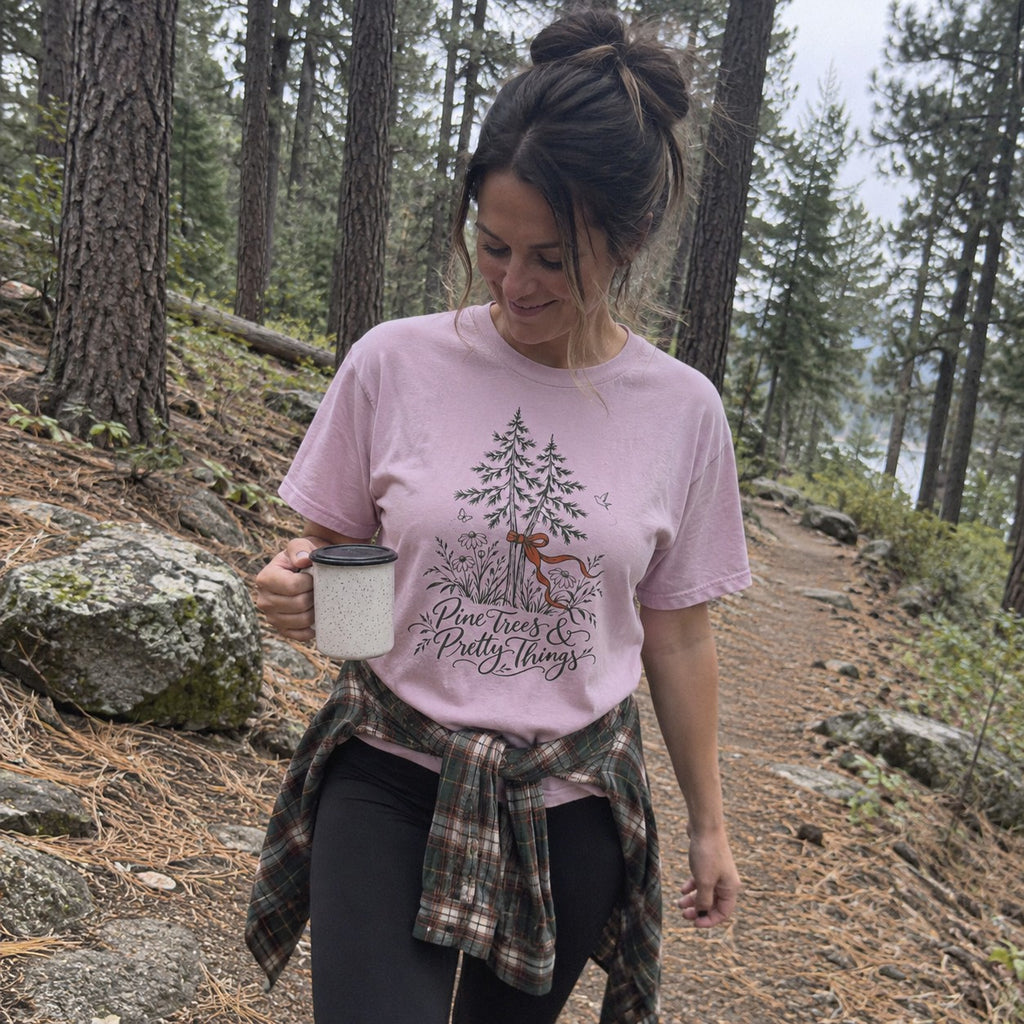 Pine Trees & Pretty Things T-Shirt - worn outdoors
