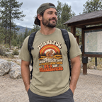 Man wearing the Not a 5K Family Retro Sunset T-Shirt at a trailhead
