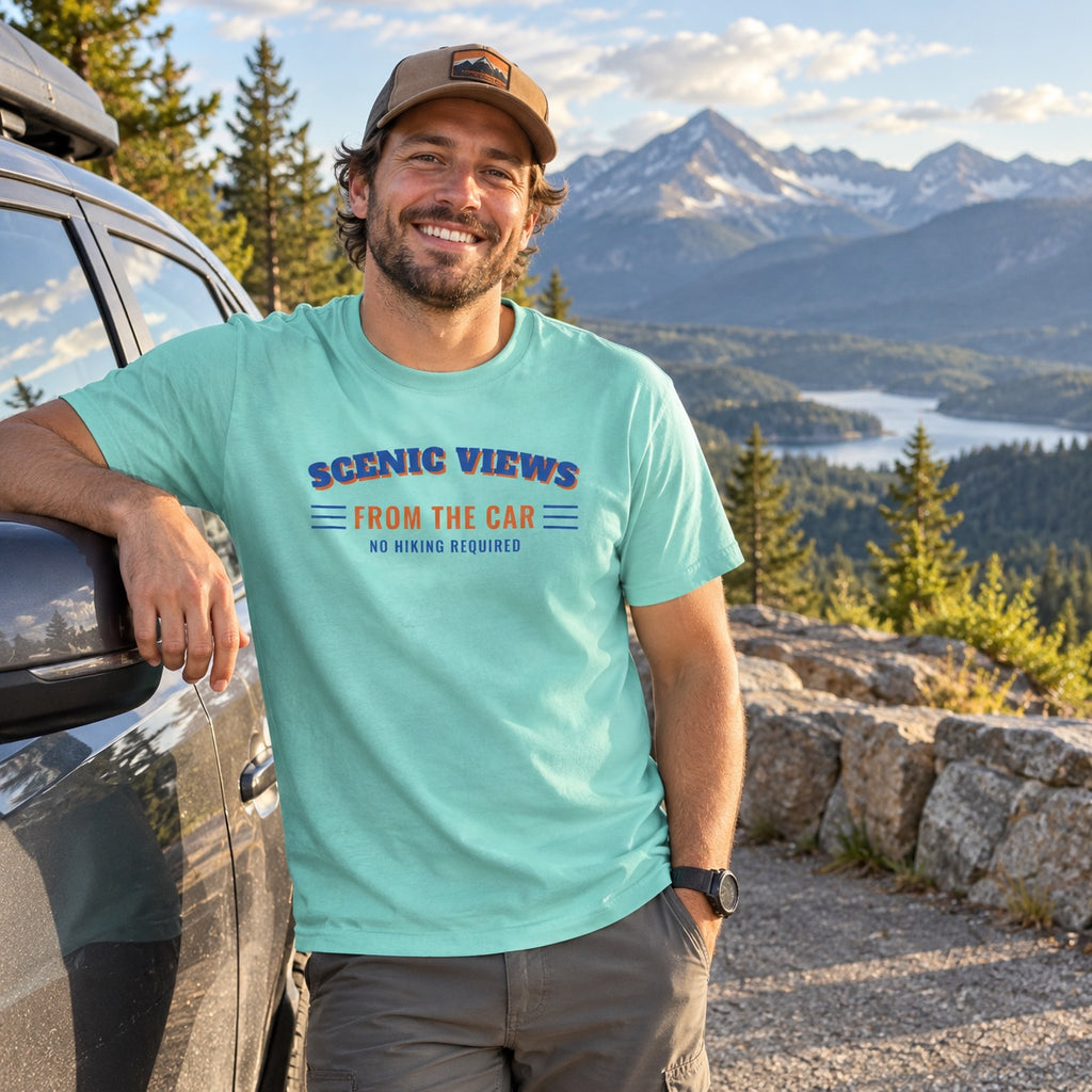 Man wearing the Scenic Views from the Car t-shirt at a mountain overlook