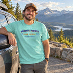 Man wearing the Scenic Views from the Car t-shirt at a mountain overlook