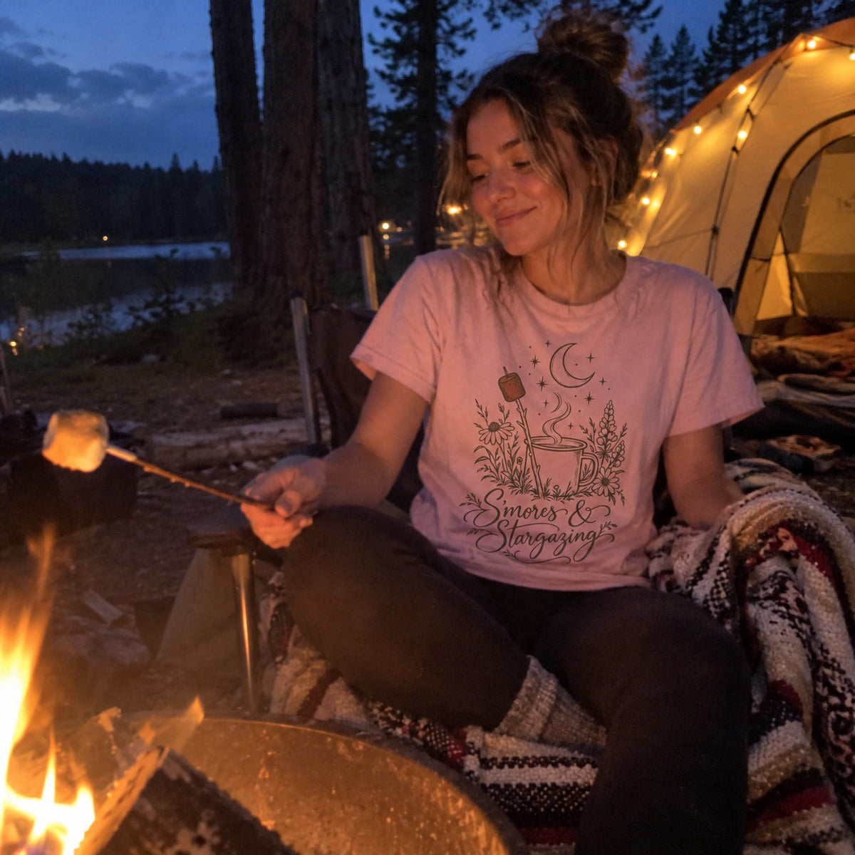 S'mores & Stargazing T-Shirt - worn outdoors