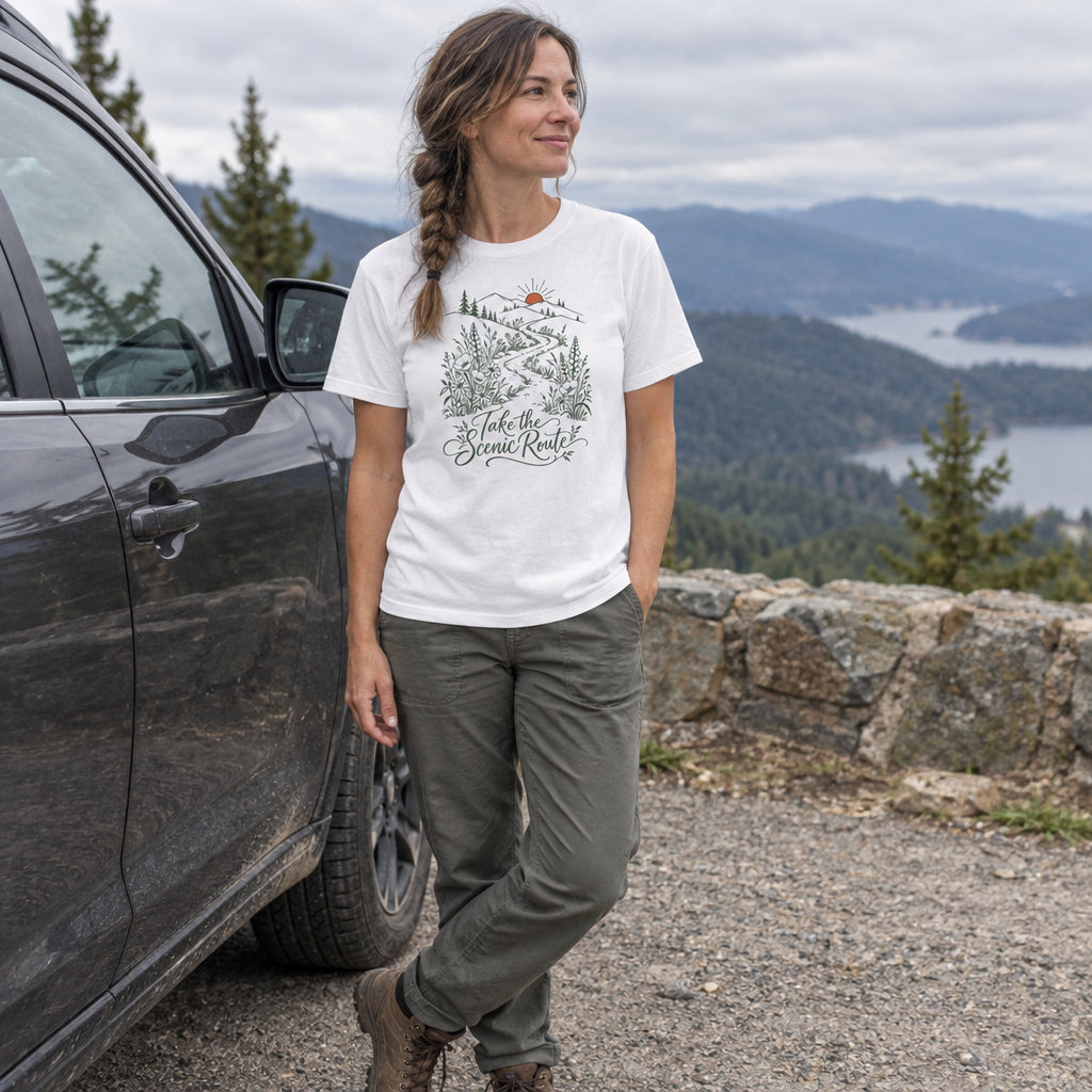 Woman wearing the Take the Scenic Route T-Shirt by a car at a mountain overlook