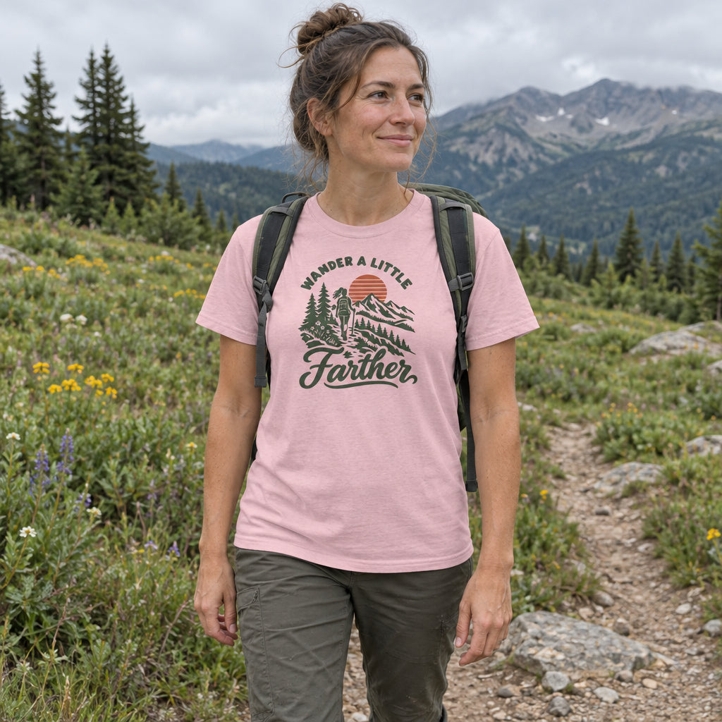 Woman wearing the Wander a Little Farther T-Shirt on a mountain meadow trail with a backpack