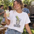 Woman wearing the Lime Wedge Enthusiast T-Shirt at a backyard party