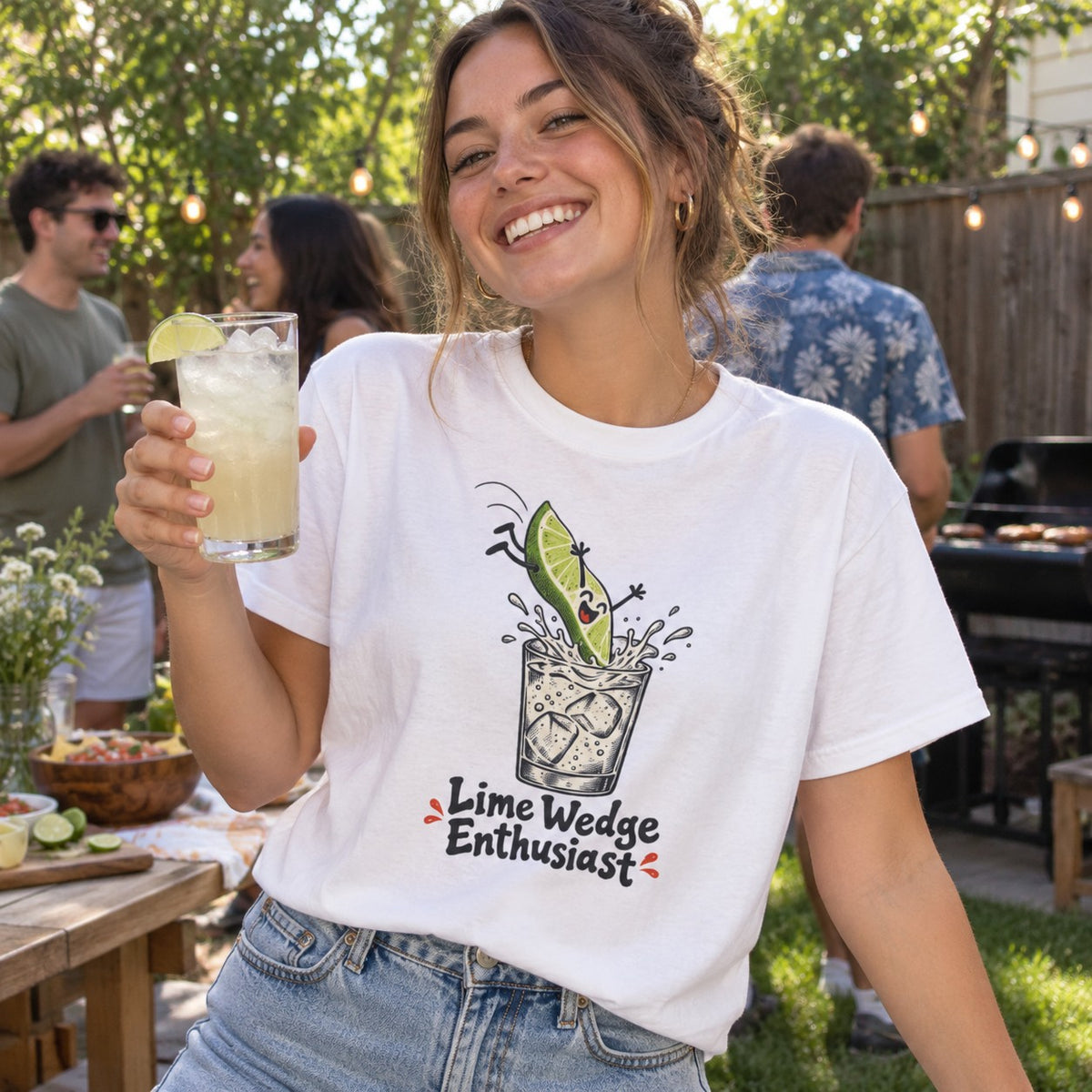 Woman wearing the Lime Wedge Enthusiast T-Shirt at a backyard party