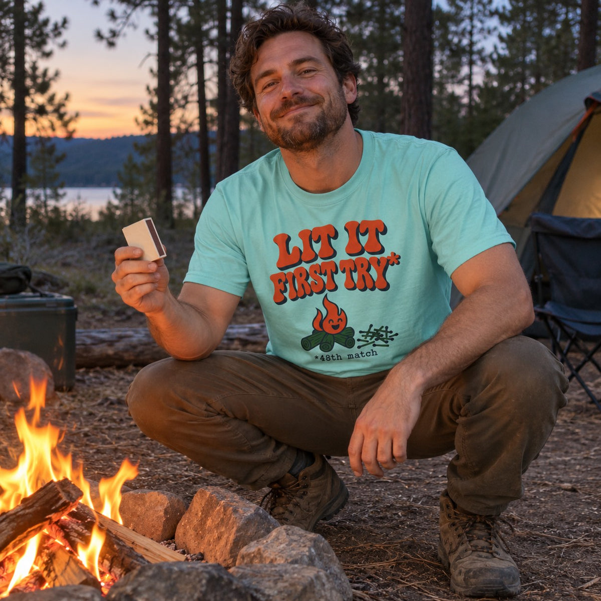 Lit It First Try T-Shirt worn outdoors