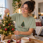 Little Tree, Big Joy T-Shirt worn in a casual Christmas photo