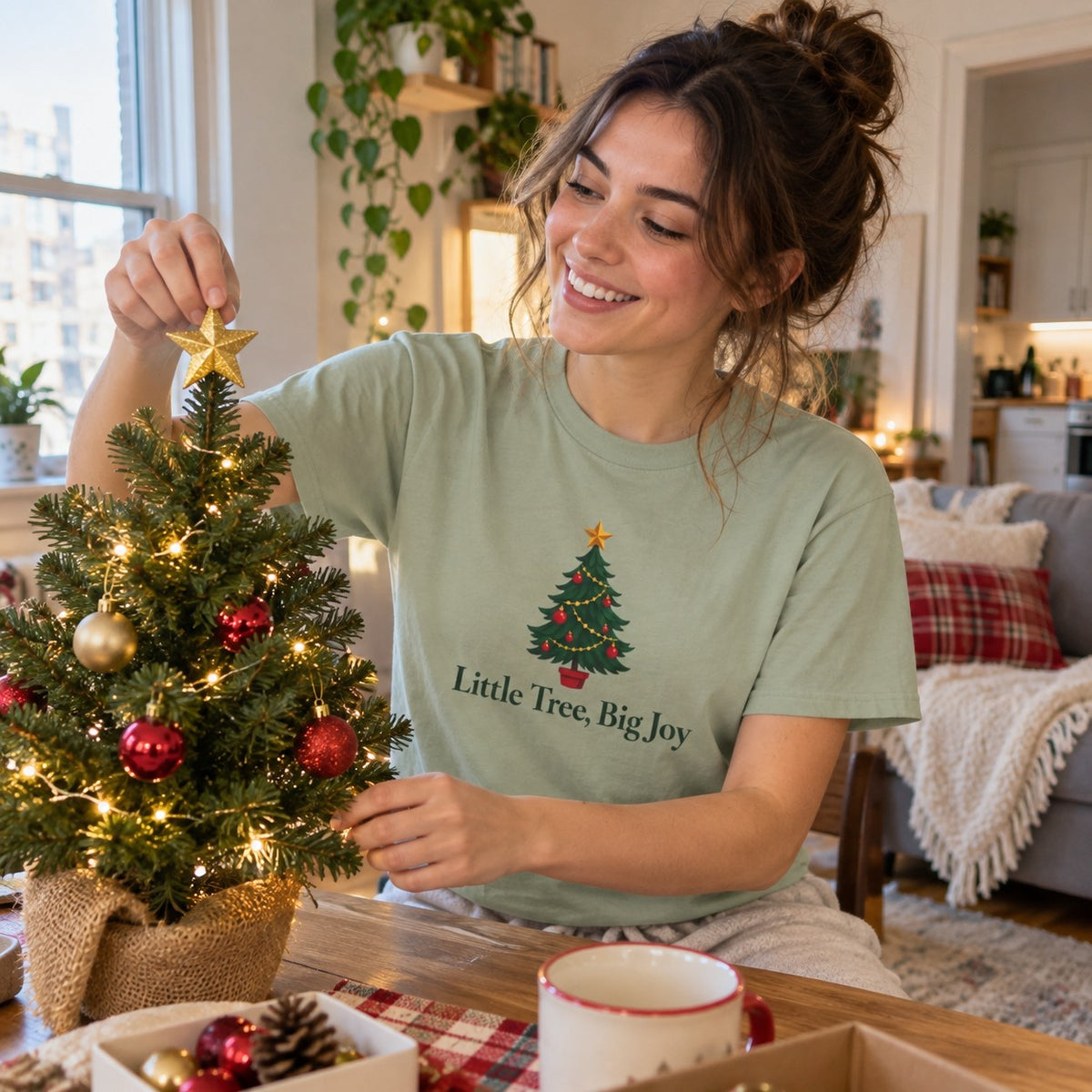 Little Tree, Big Joy T-Shirt worn in a casual Christmas photo