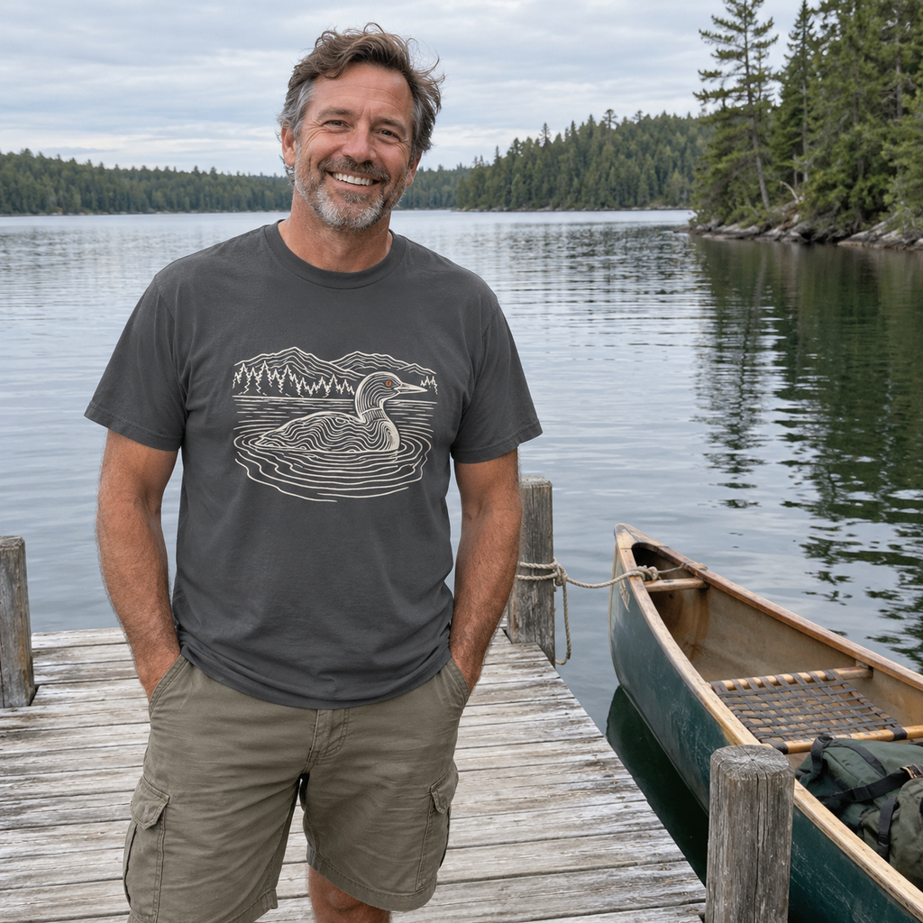 Loon on the Lake T-Shirt worn outdoors