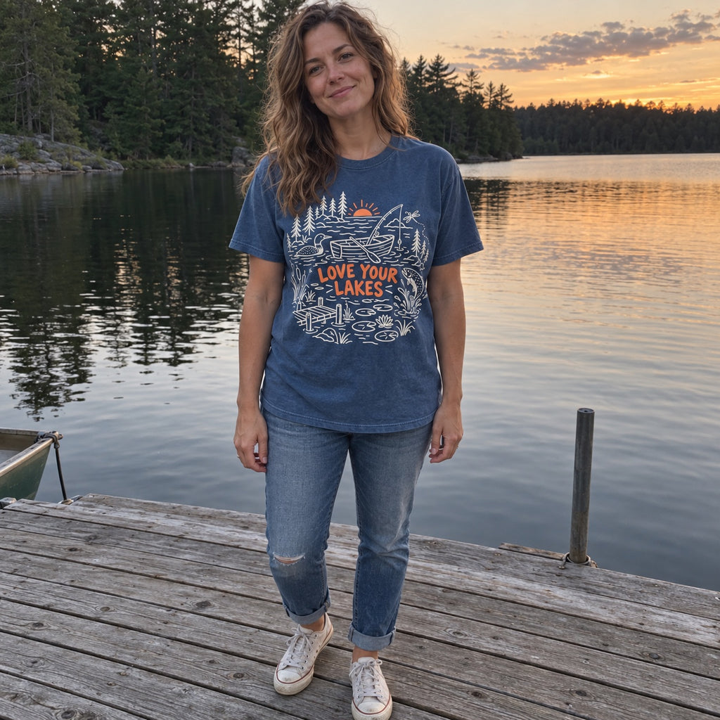 Woman wearing the Love Your Lakes T-Shirt in Denim on a lake dock