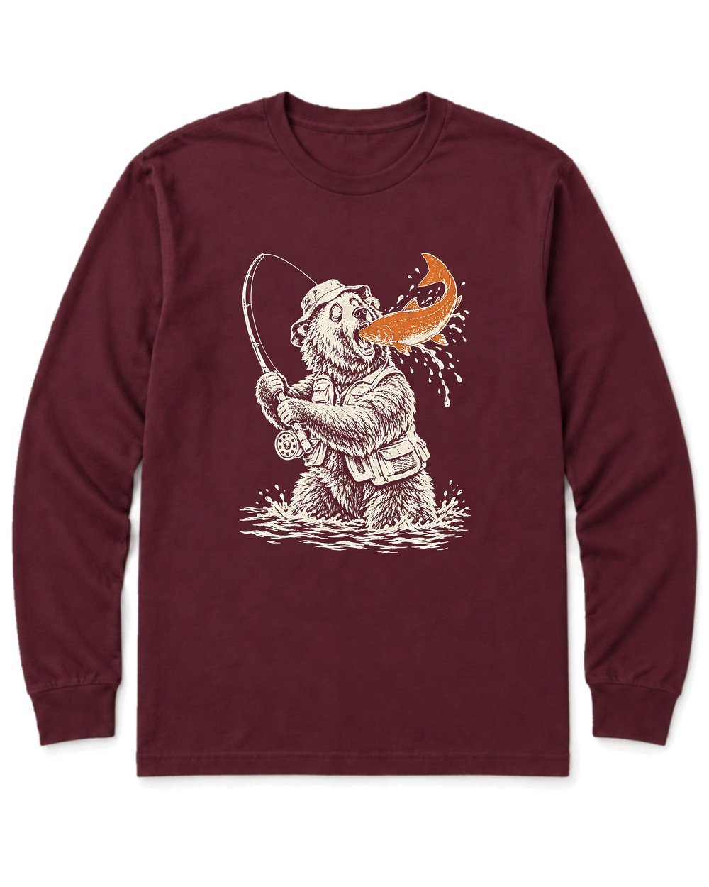 Gone Fishing Grizzly Long Sleeve Shirt - Maroon