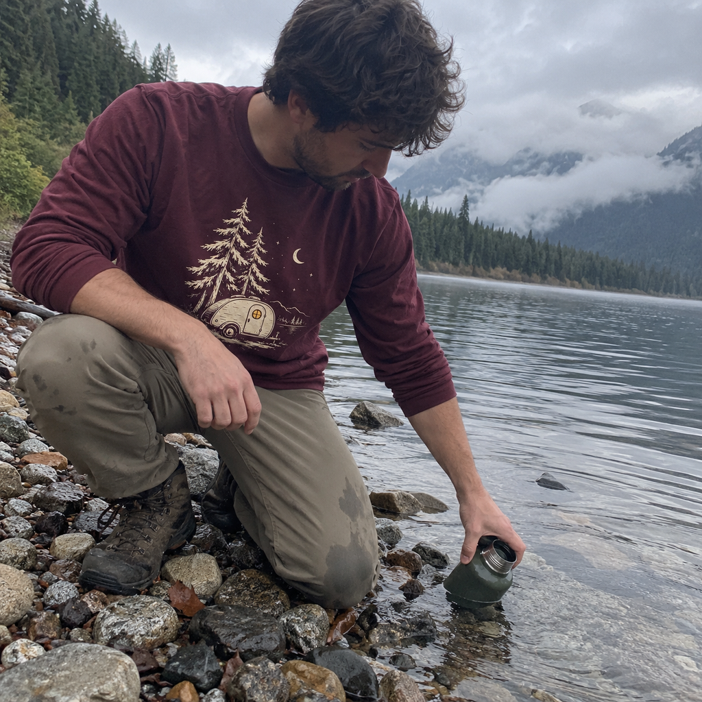 Teardrop Camper Long Sleeve Shirt worn outdoors