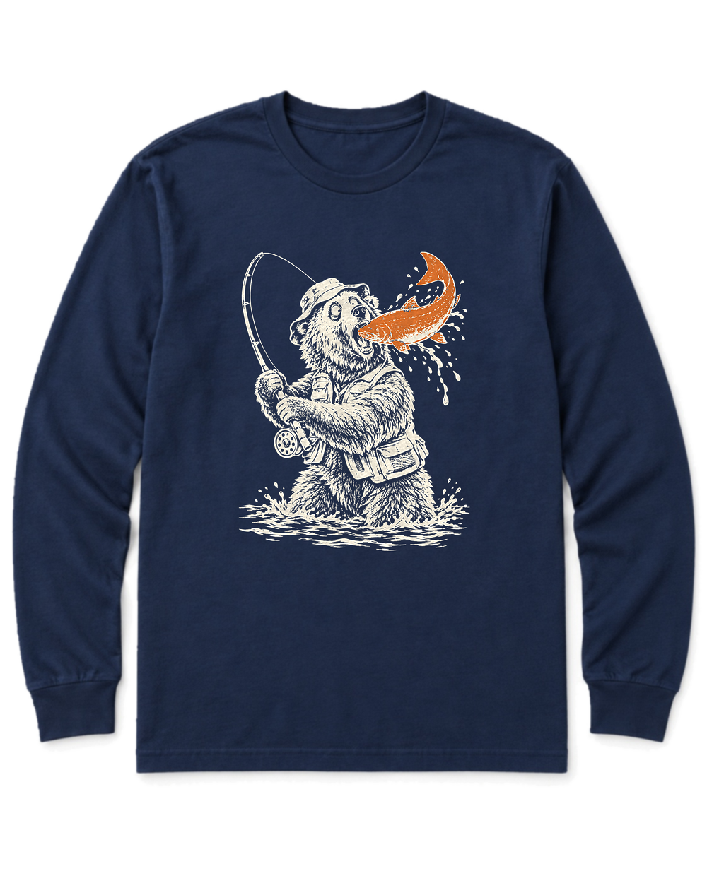 Gone Fishing Grizzly Long Sleeve Shirt - Navy