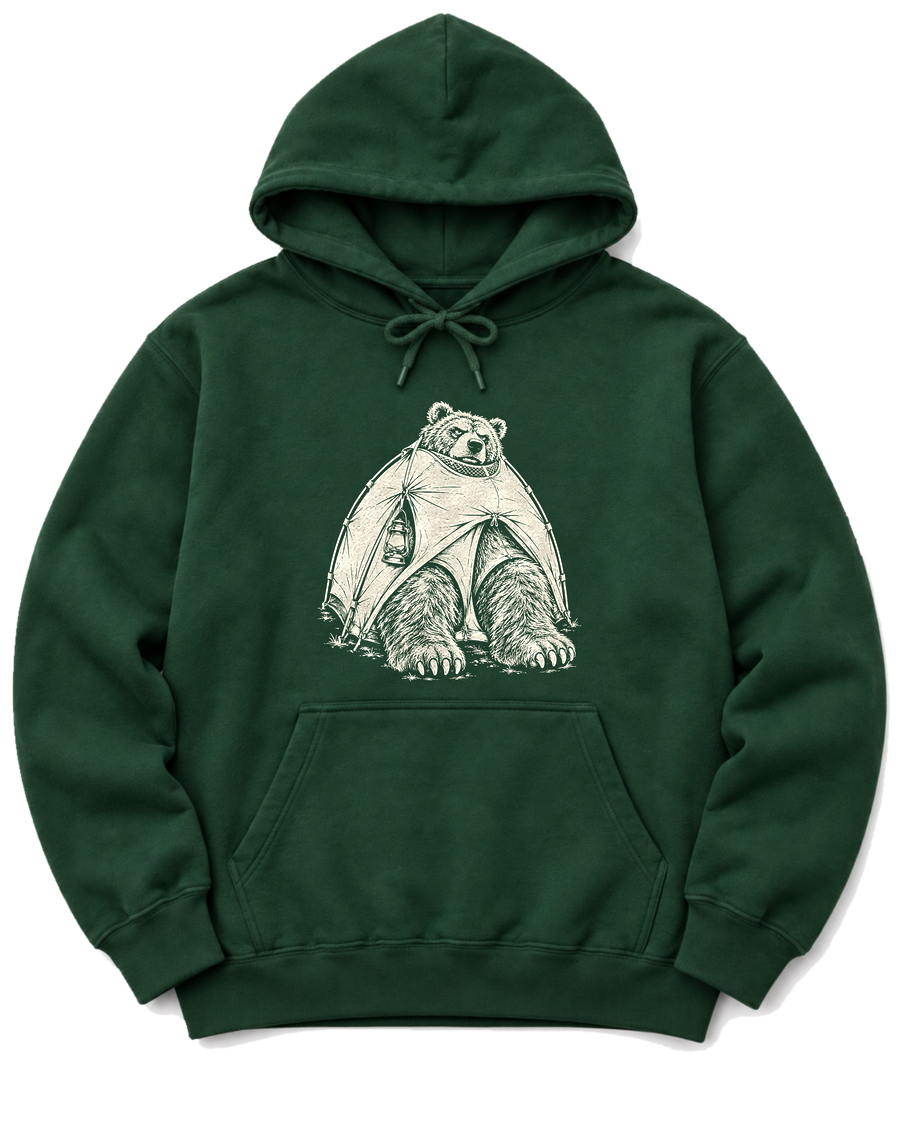 Bear in a Tiny Tent Hoodie - Forest Green