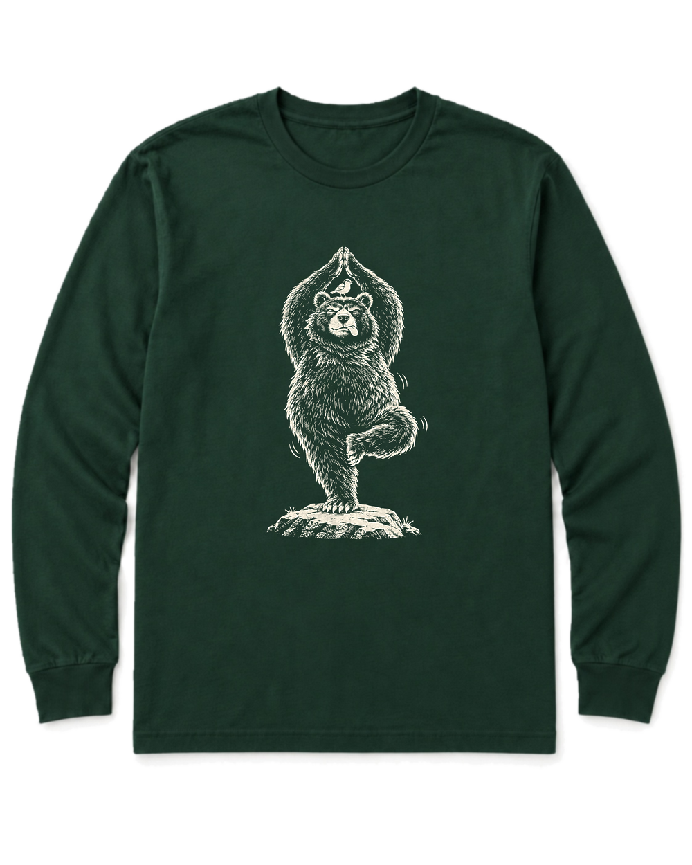 Tree Pose Bear Long Sleeve Shirt - Forest Green