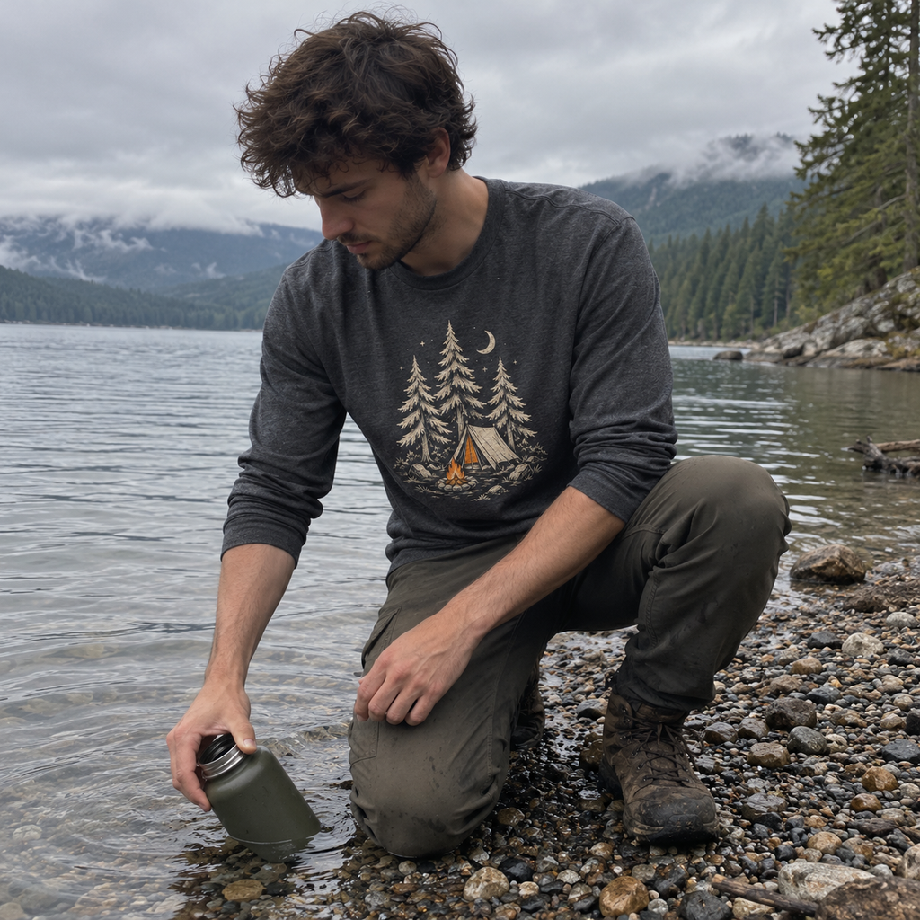 Camp Under the Pines Long Sleeve Shirt worn outdoors