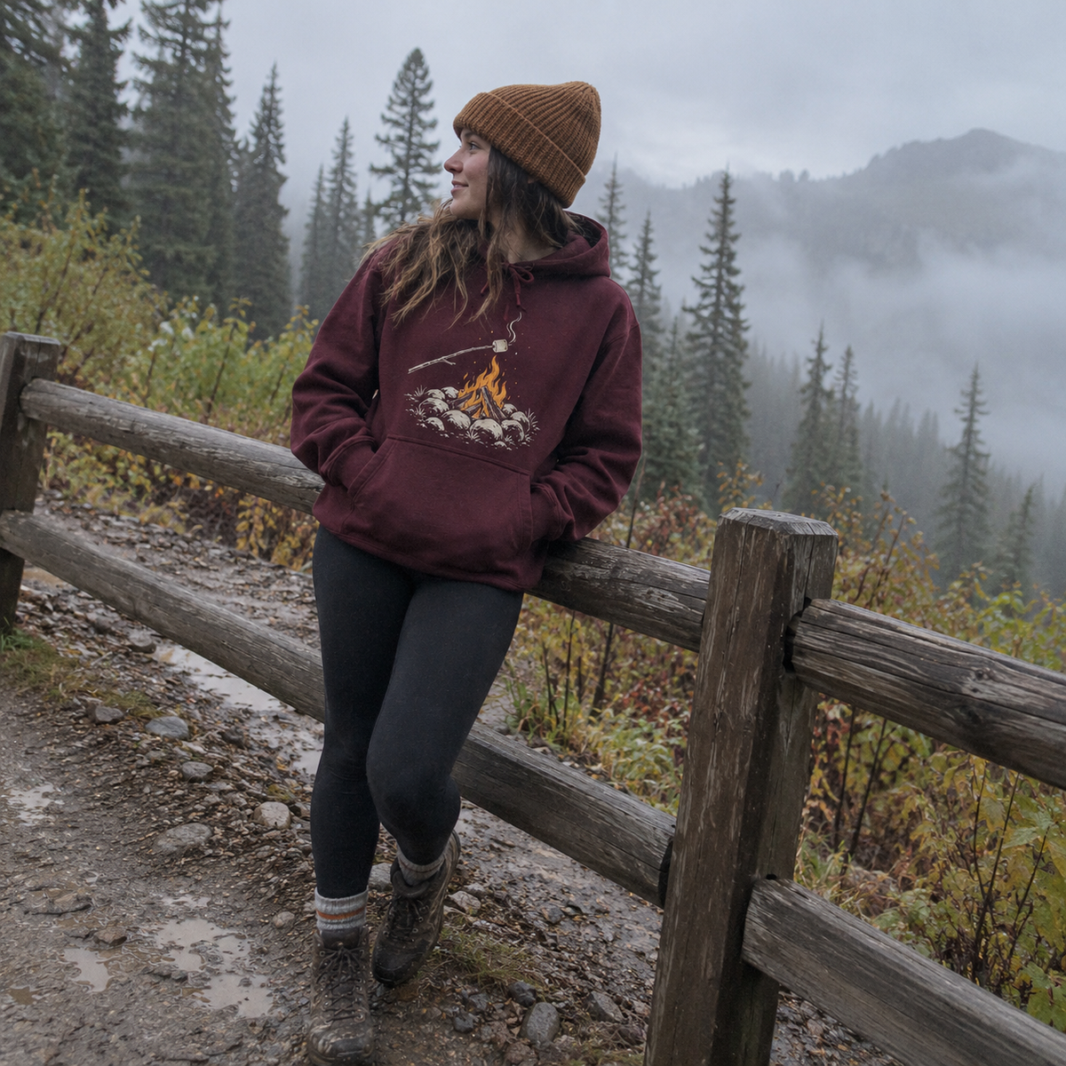 Marshmallow Roast Hoodie worn outdoors