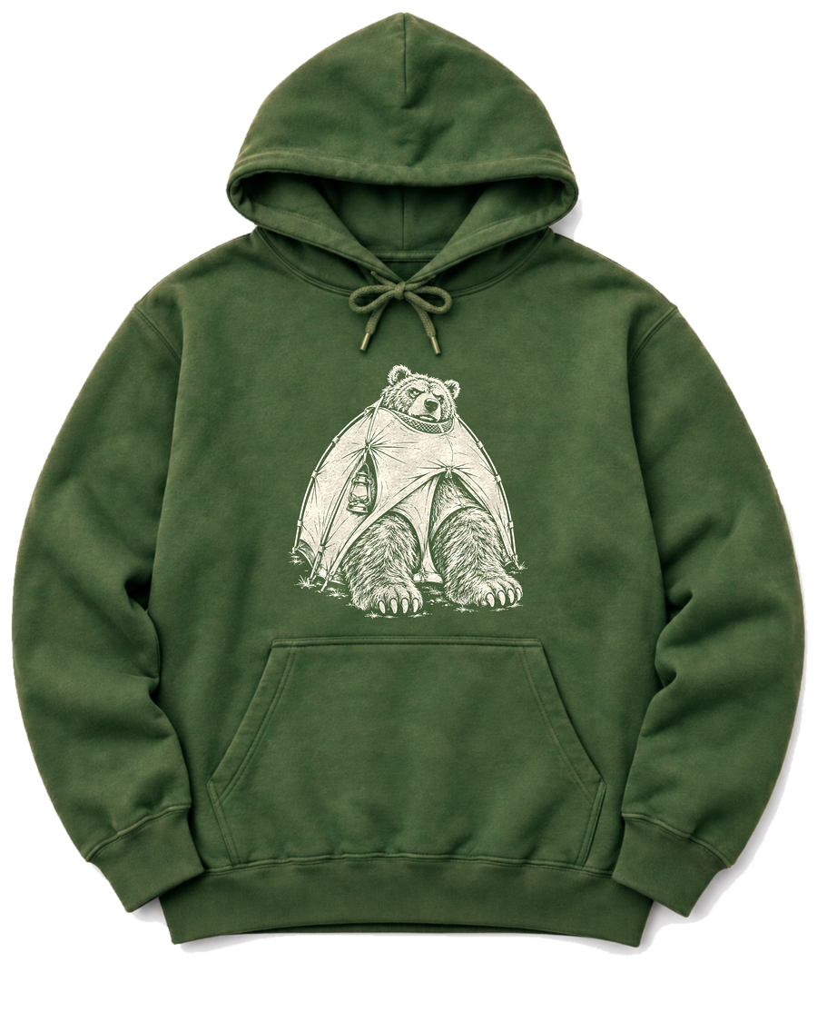 Bear in a Tiny Tent Hoodie - Military Green