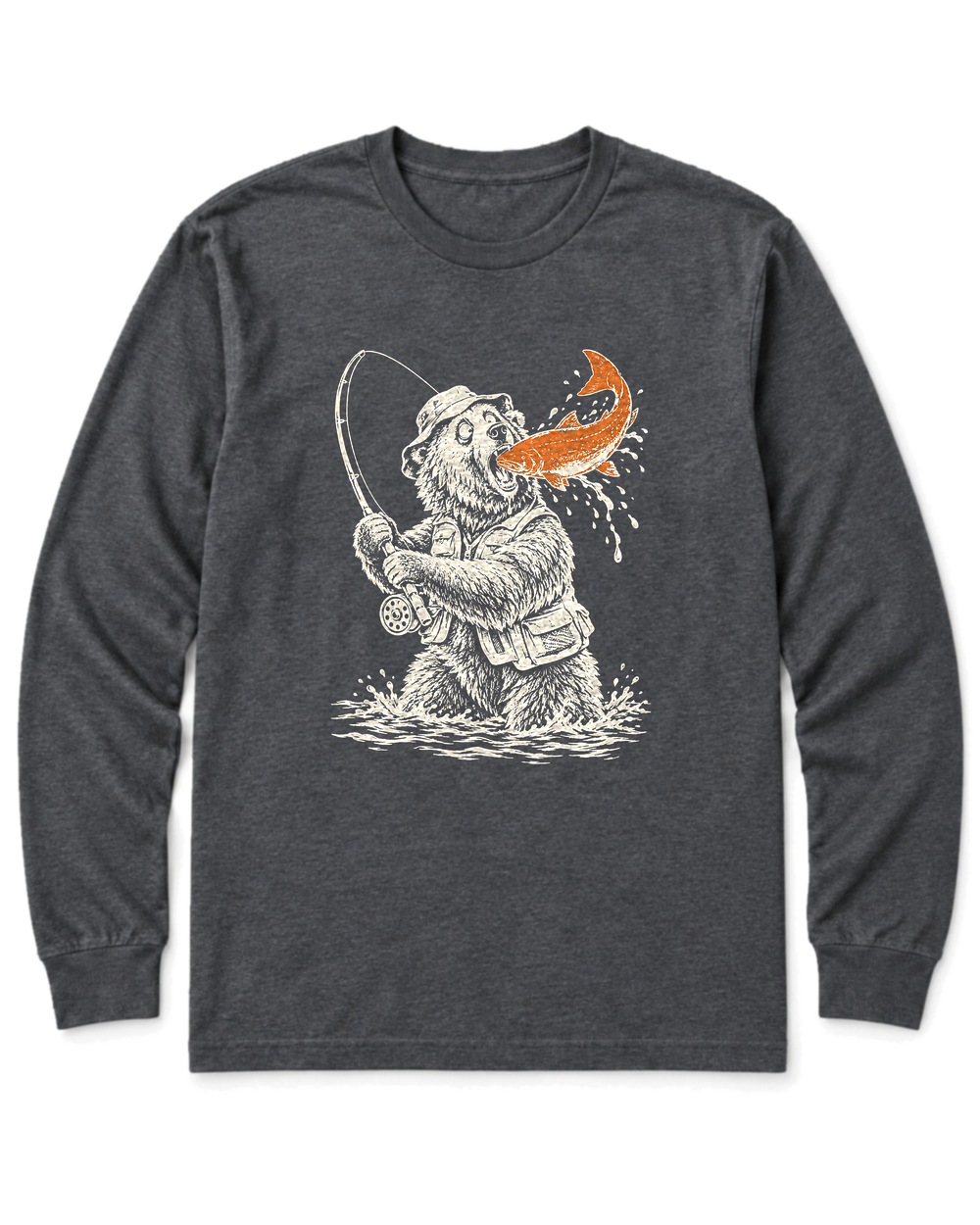 Gone Fishing Grizzly Long Sleeve Shirt - Dark Heather