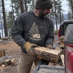 Teardrop Camper Sweatshirt worn outdoors