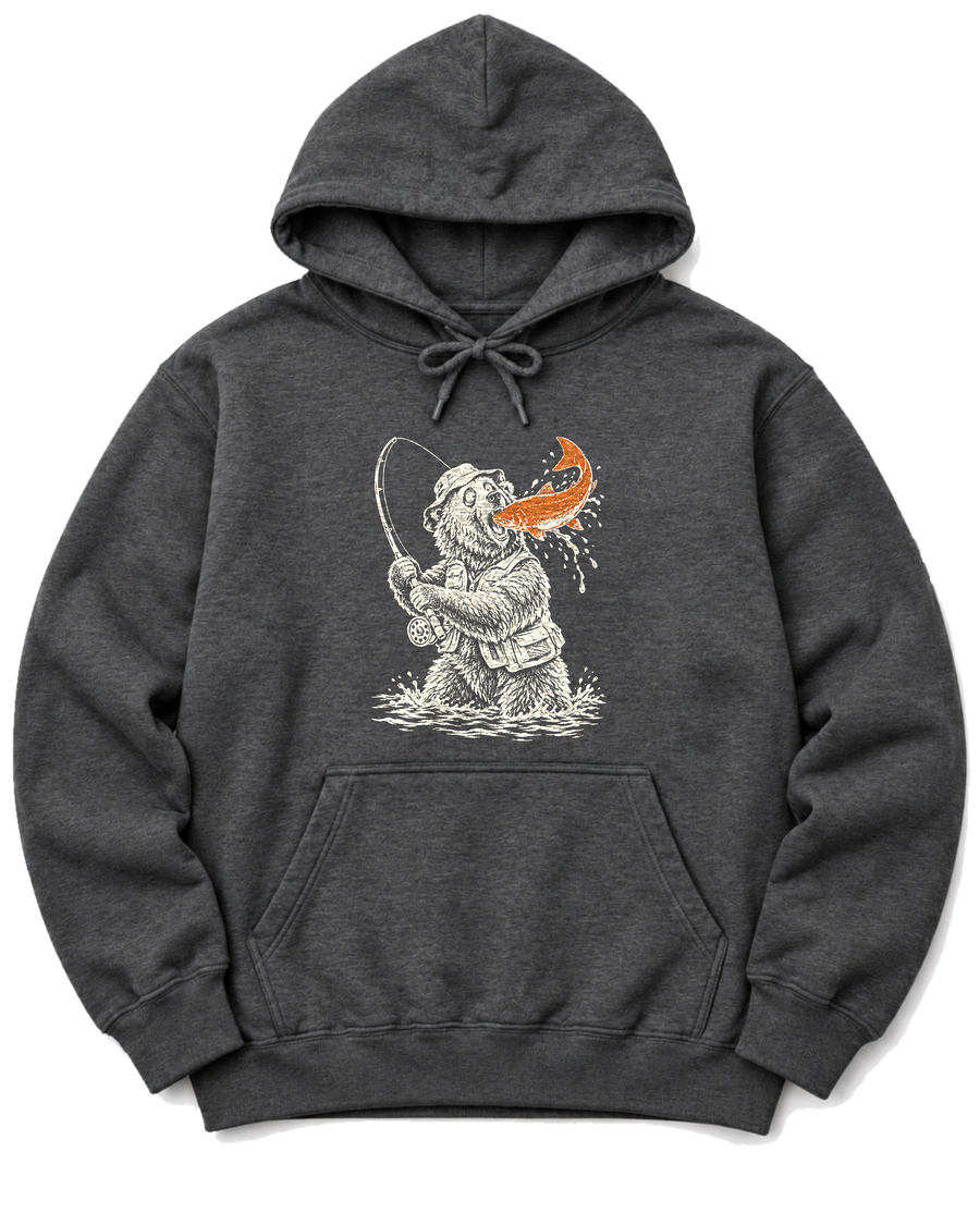Gone Fishing Grizzly Hoodie - Dark Heather