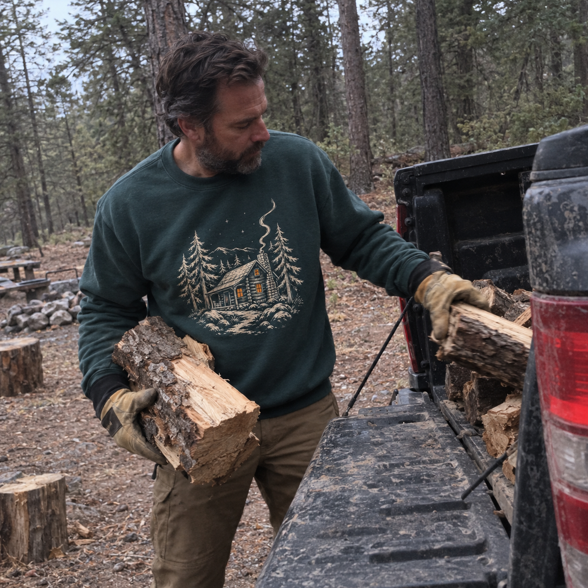 Cabin Glow Sweatshirt worn outdoors