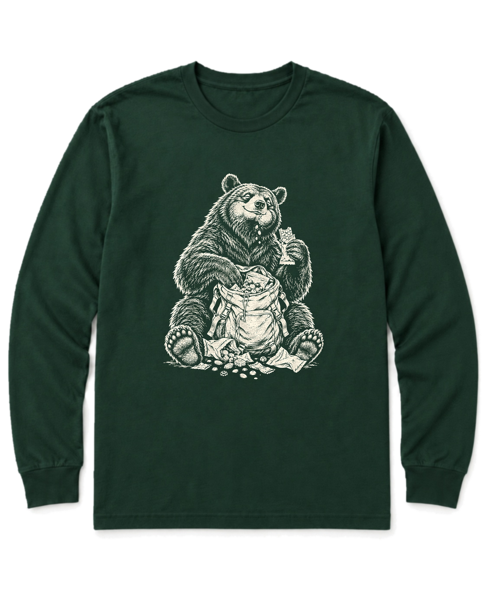 Snack Thief Bear Long Sleeve Shirt - Forest Green