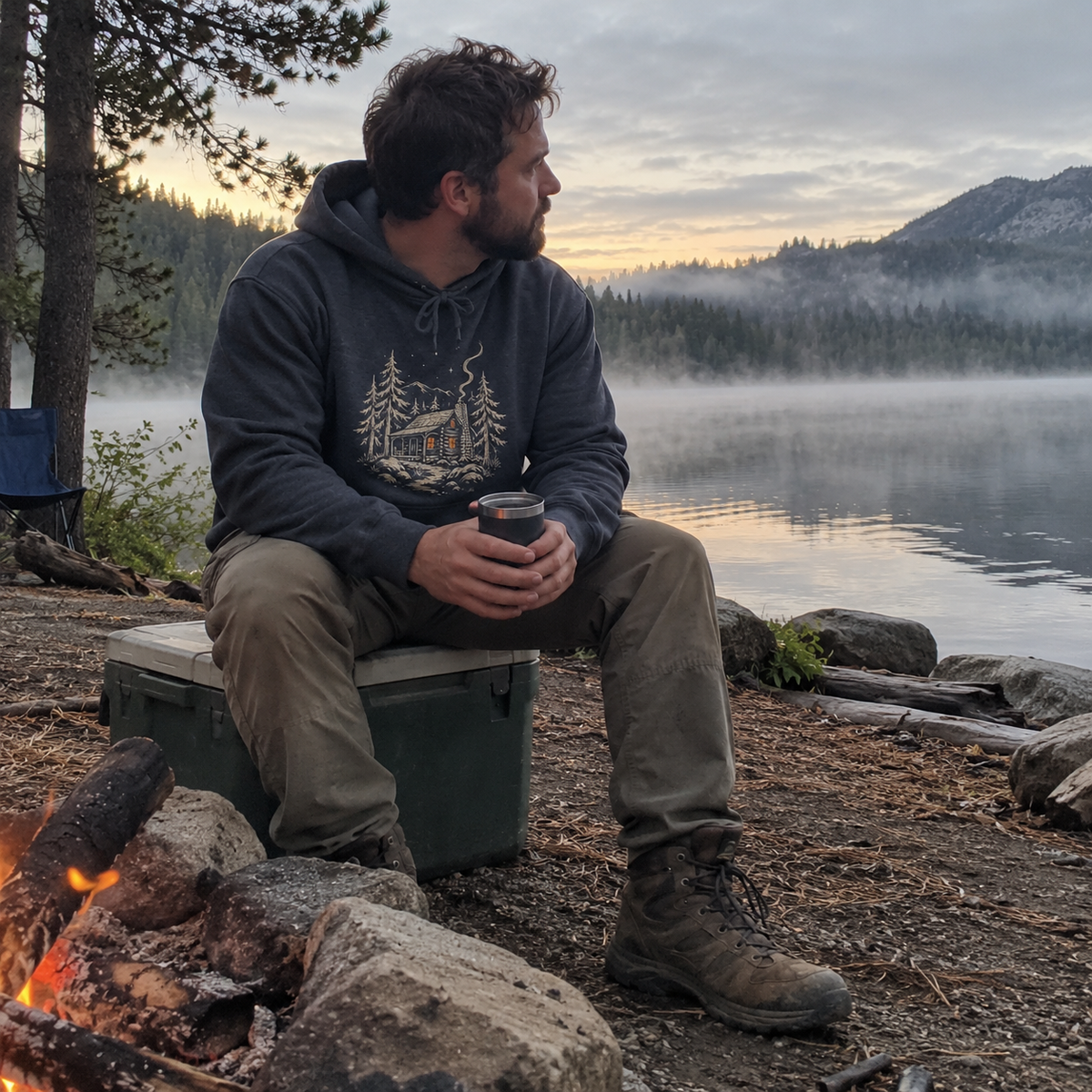 Cabin Glow Hoodie worn outdoors