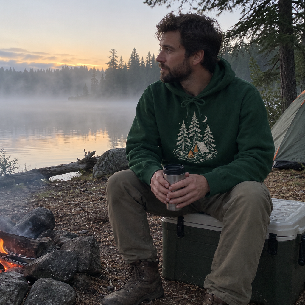 Camp Under the Pines Hoodie worn outdoors